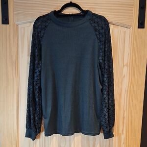 Dark Green Sweater with Lace Sleeves